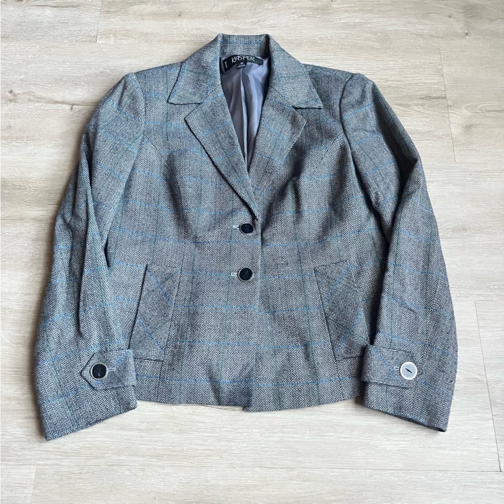 Kasper Gray Plaid Blazer SZ 4P Petite Classic Career Office